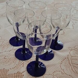 Vintage Luminarc Wine Glasses Set of 6  Cobalt Blue Square Stem French Barware